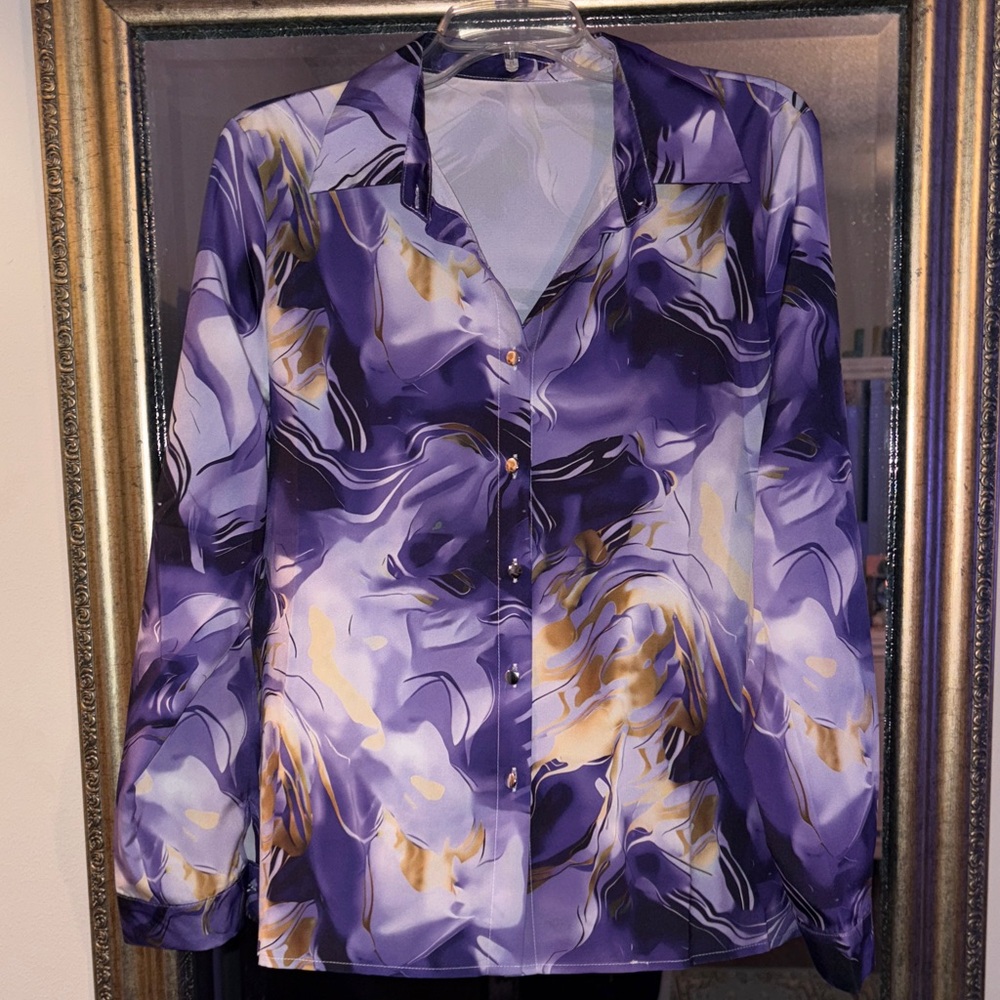 Elegant Women's Button Down Shirt in Purple and Gold